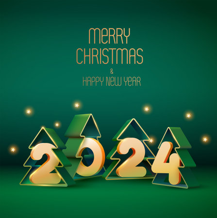 Happy New year poster 2024. White numbers with decorative Christmas trees. Vector greeting card design. The image was created without the use of any form of AI.のイラスト素材