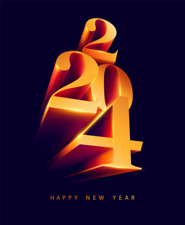New year 2024 poster. Golden 3D holiday lettering design. Bright volumetric numbers. The image was created without the use of any form of AI.のイラスト素材