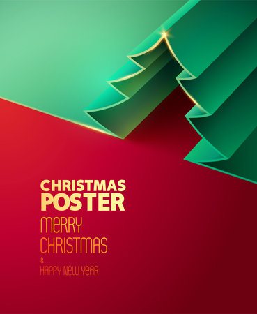 Christmas greeting card design with green origami fir tree on red background. Holiday festive template for poster, banner and flyer.のイラスト素材