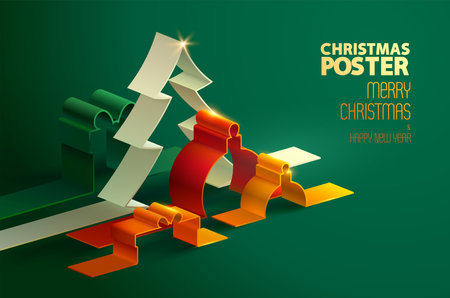 Christmas greeting card design with 3D fir tree, gift boxes and decoration on green background. Holiday festive illustration for poster, banner and flyer.のイラスト素材