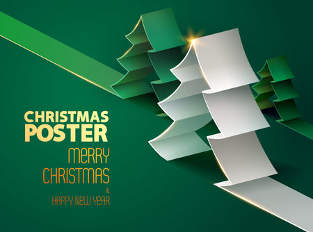 Christmas greeting card design with green origami fir tree on green background. Holiday festive template for poster, banner and flyer.のイラスト素材