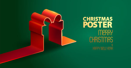 Red Christmas gift box on green background. Unusual 3D stylization. Holiday festive illustration for poster, banner and flyer.のイラスト素材