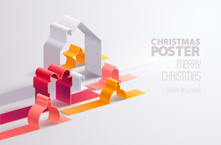 Christmas illustration with gift boxes, decoration and house. Unusual 3D stylization. Holiday festive composition for poster, banner and flyer.のイラスト素材
