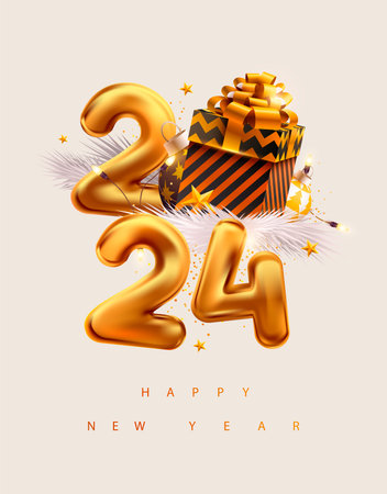 Happy New Years 2024. Greeting card design with 3D golden number, fir branches and gift boxes. Festive vector template. Not generated by AI.のイラスト素材