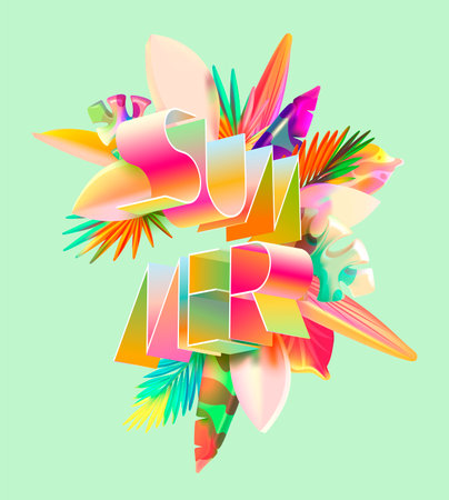 Poster with word summer and realistic vector plant. Colorful 3D tropical leaves with typographic design.のイラスト素材