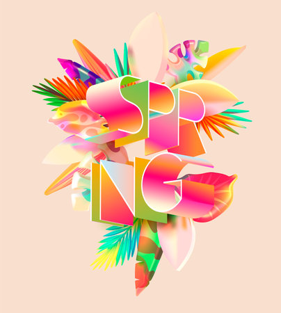 Season poster with word spring and realistic vector plant. Light 3D tropical leaves with typographic design.のイラスト素材