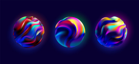 Set of fluid 3D spheres. Iridescent colorful balls. Abstract geometric shape for your design.のイラスト素材