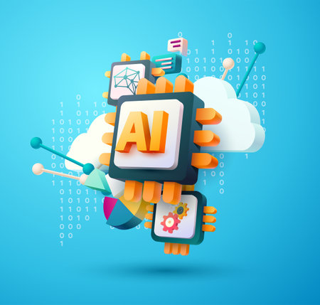 Conceptual 3d illustration of artificial intelligence. Computer chip and thematic symbols of technology. Realistic vector composition.のイラスト素材