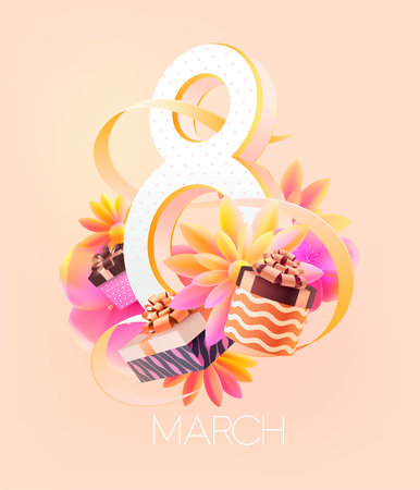 March 8 international women's day. Big 3D number with flowers, gifts and ribbon. Vector greeting card design.のイラスト素材