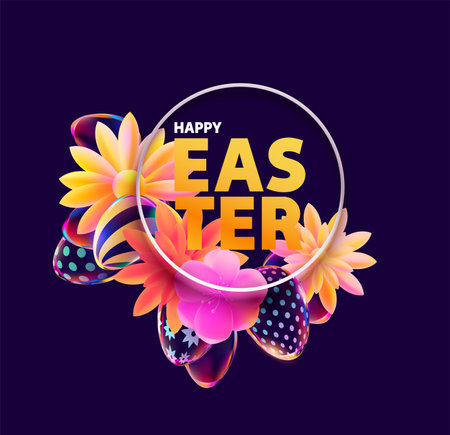Easter colorful banner with eggs, flower and circle frame. Congratulatory holiday poster.のイラスト素材