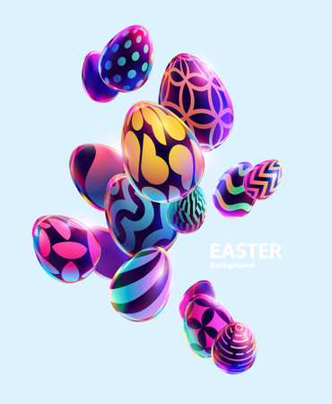 Colorful 3D Easter eggs. Festive holiday background.のイラスト素材