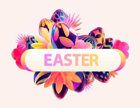 Bright Easter design. Colorful banner with eggs and spring flowers. Holiday greeting card.のイラスト素材