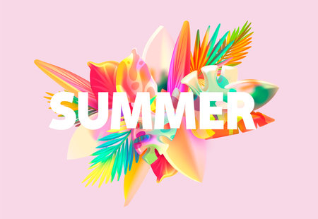 Colorful 3D tropical leaves. Realistic vector plant and summer foliage. Abstract vector illustration.のイラスト素材