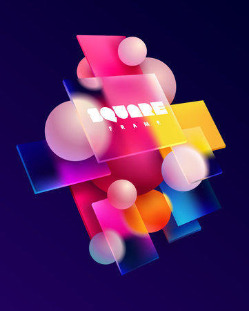 3D colorful squares and balls in glass morphism style. Transparent frame for text with geometric shapes.のイラスト素材