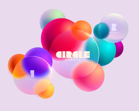 3D colorful circles and balls in glass morphism style. Transparent geometric shapes on white background.のイラスト素材