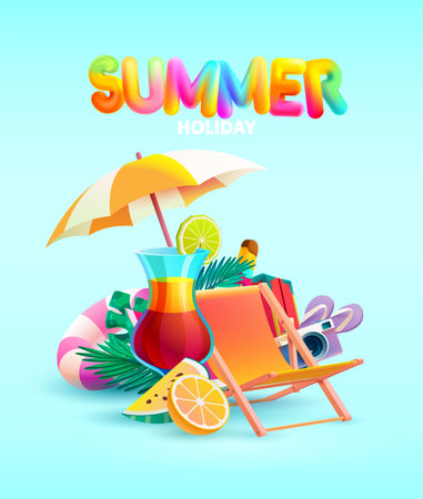 Summer poster with 3D realistic cocktail, beach chair, umbrella, fruit and word "summer. Concept vector illustration.のイラスト素材