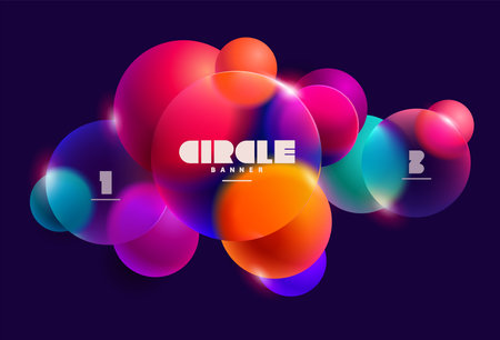 3D colorful circles and balls in glass morphism style. Transparent geometric shapes on dark background.のイラスト素材