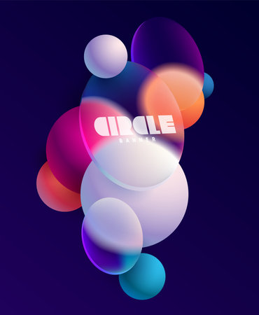 3D colorful circles banner in glass morphism style. Multicolor balls and glass cylinders. Abstract vector design elements.のイラスト素材
