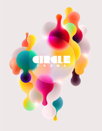 Abstract background with color bubbles and glass circle frame. Vector template for cover, poster, web.のイラスト素材
