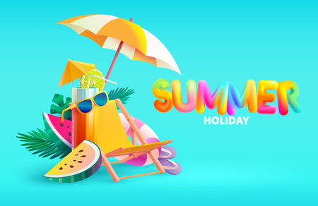Summer poster with 3D realistic cocktail, beach chair, umbrella, fruit and word "summer. Realistic vector illustration.のイラスト素材
