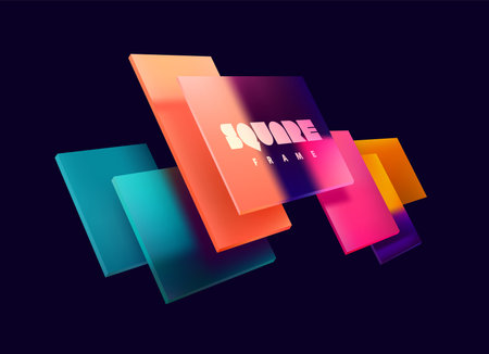 3D colorful squares and rectangles in glass morphism style. Transparent frame for text with geometric shapes. Abstract vector design elements.のイラスト素材