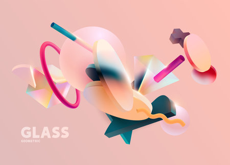 Color 3D geometric shapes. Realistic vector design in glass morphism style. Abstract graphic composition.のイラスト素材