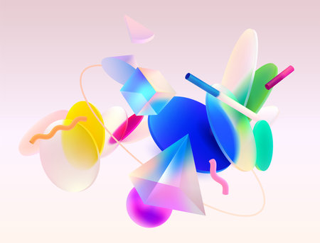 Color 3D geometric shapes. Realistic vector design elements in glass morphism style. Abstract graphic composition.のイラスト素材