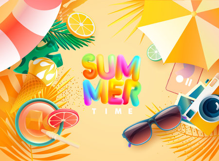 Summer time poster design. Colorful letters with sunglasses, ice cream, tropical leaves, fresh fruits and camera on yellow background.のイラスト素材