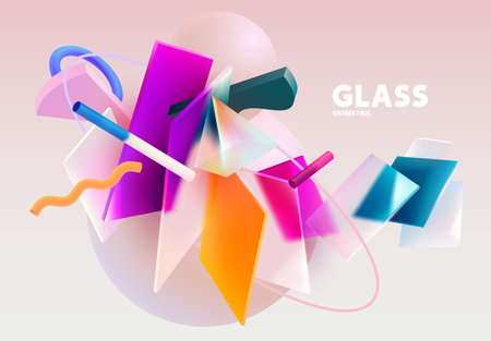 Color 3D geometric shapes. Realistic vector design elements in glass morphism style. Abstract graphic composition.のイラスト素材