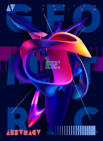 Fluid 3D geometric shape for poster design. Black abstract form and colorful lines in glass morphism style. Vector template design.のイラスト素材