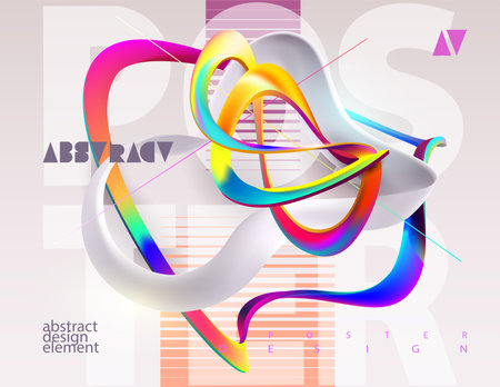 Fluid 3D geometric shape for poster design. Liquid abstract form and colorful lines in glass morphism style. Vector banner template design.のイラスト素材