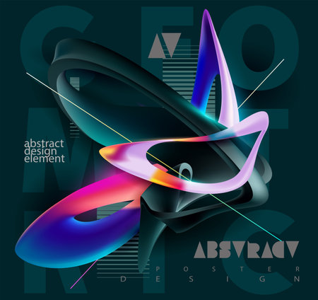 Fluid 3D geometric shape for poster design. Black abstract form and colorful lines in glass morphism style. Vector template design.のイラスト素材