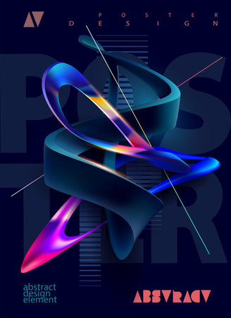 Fluid 3D geometric shape for poster design. Black abstract form and colorful lines in glass morphism style. Vector template design.のイラスト素材