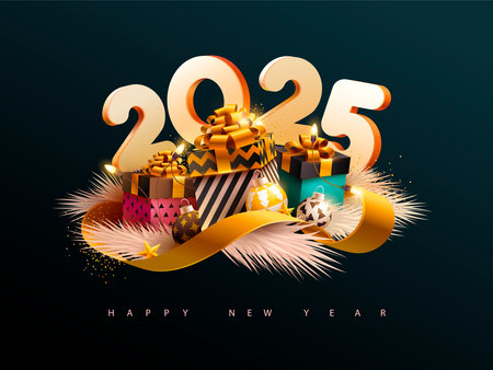 Gift boxes, golden ribbon, white calendar date and Christmas decoration on black background. New year greeting card design 2025.のイラスト素材