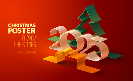 Christmas greeting card design with calendar date 2025, gift box and fir tree. Festive 3D isometric illustration for poster, banner, web.のイラスト素材