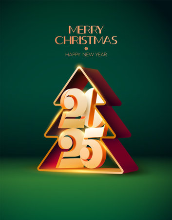 Happy New year 2025. 3D Christmas trees with white numbers. Festive greeting card design.のイラスト素材