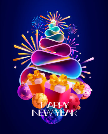 Christmas festive poster design. 3D stylized christmas tree with decoration and gift boxes.のイラスト素材