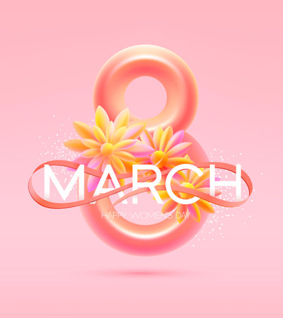 March 8 international women's day. Big pink elegant number eight with congratulatory description. Typographic greeting card design.のイラスト素材
