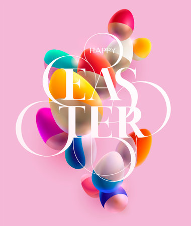 Happy Easter poster design. Calligraphic inscription with eggs. Festive lettering design.のイラスト素材