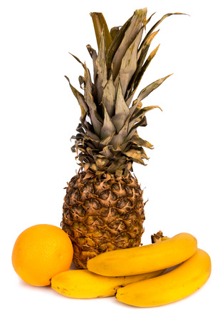 Bright tropical fruits isolated on white backgroundの写真素材