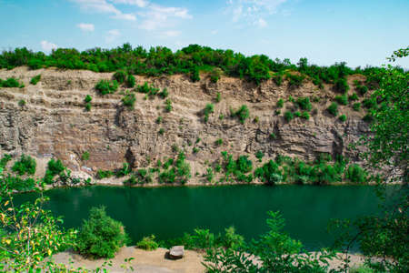 Canyon with blue water river in autumn. Selective focus.の写真素材