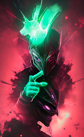 Cyborg man with neon lights on his face. Cyberpunk concept.の素材