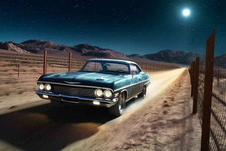 3D render of a classic american car in the desert at nightの素材