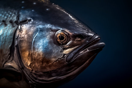 Close-up of a salmon head on a dark blue background.の素材