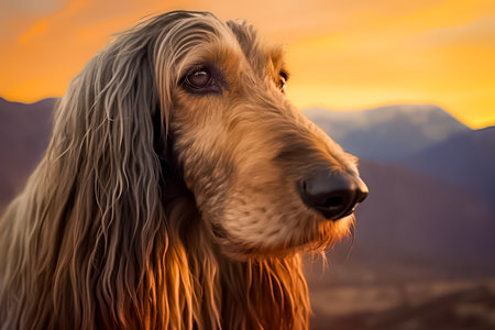 Portrait of a long haired dog at sunsetの素材