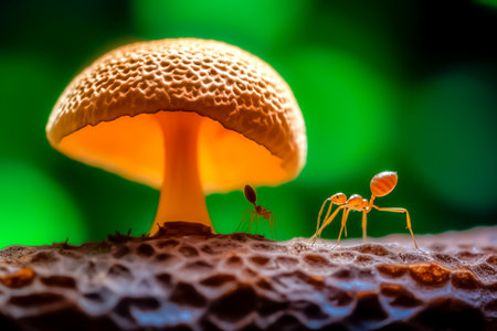 Macro photo of ant and mushroom in the forest. Shallow depth of field.の素材