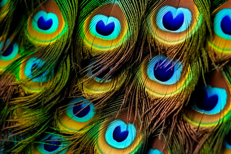 Beautiful peacock feathers as a background. Close-up.の素材