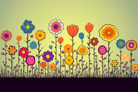 Flower meadow with many different flowers.  vector illustration.の素材