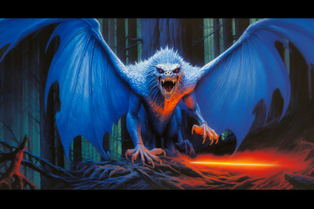 3D rendering of a fantasy dragon in a dark forest with fireの素材