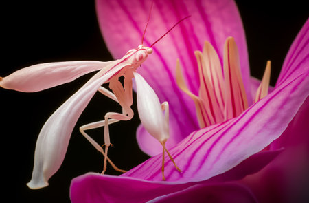 Praying mantis on a pink flower. Macro photography.の素材